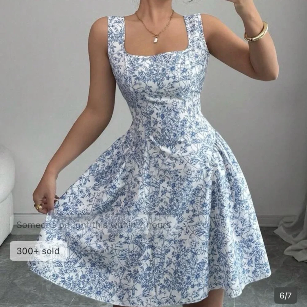 SHEIN Blue Floral Skater Dress Open Back Bow Tie Mini Dress - Picture 2 of 13